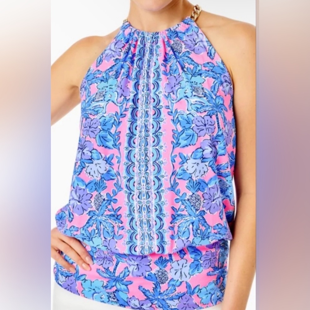 Lilly Pulitzer Bowen Halter Top in Soleil Pink Palm Paradise Print Size XXS NWOT - Picture 3 of 8